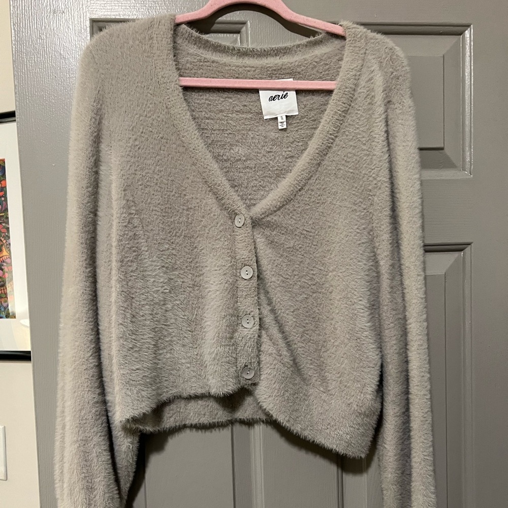 Fuzzy Taupe Cardigan from Aerie